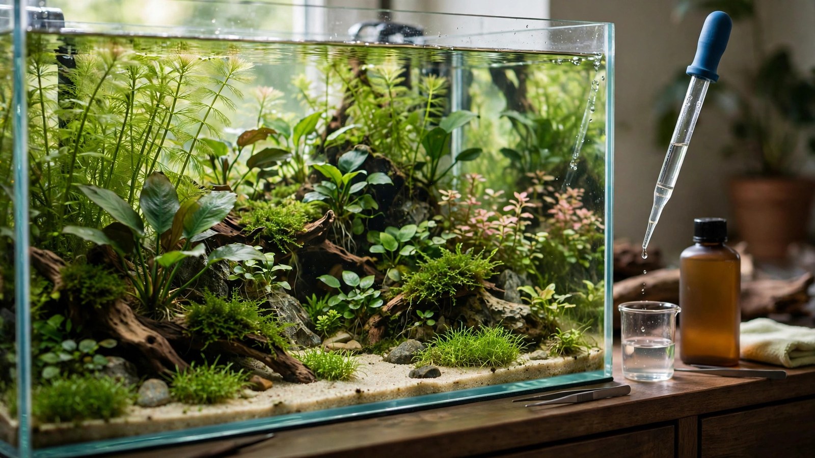 Pump bottle of all-in-one aquarium plant fertilizer next to a planted tank