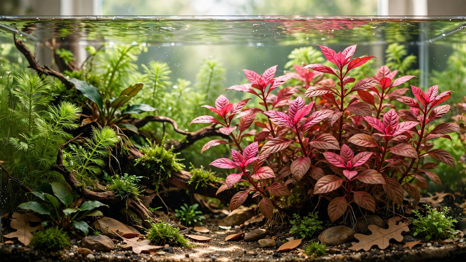 Pink-red Alternanthera reineckii Mini forming a low colorful carpet in a planted aquarium