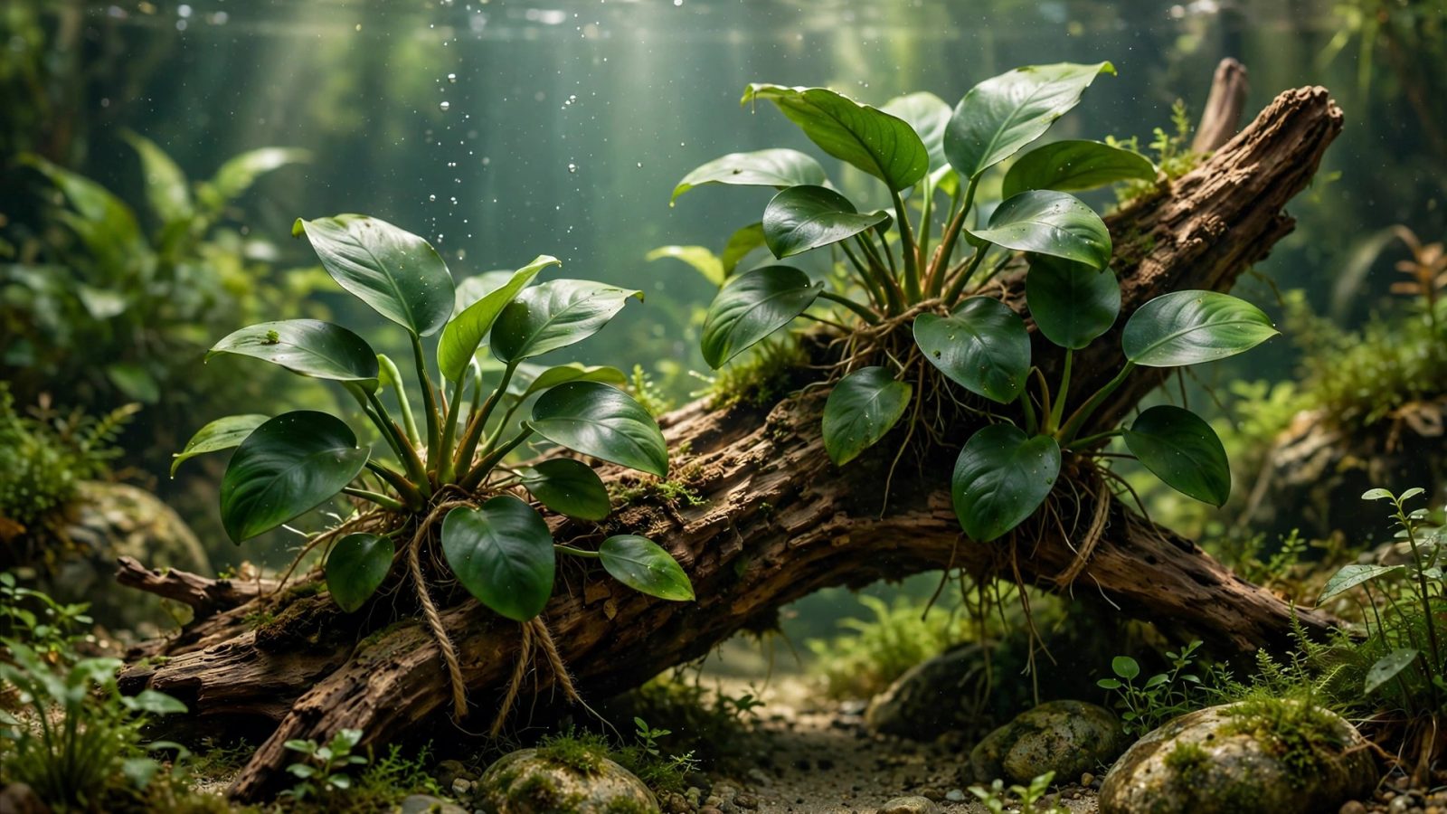 Lush green anubias with broad dark leaves growing on driftwood in an aquarium
