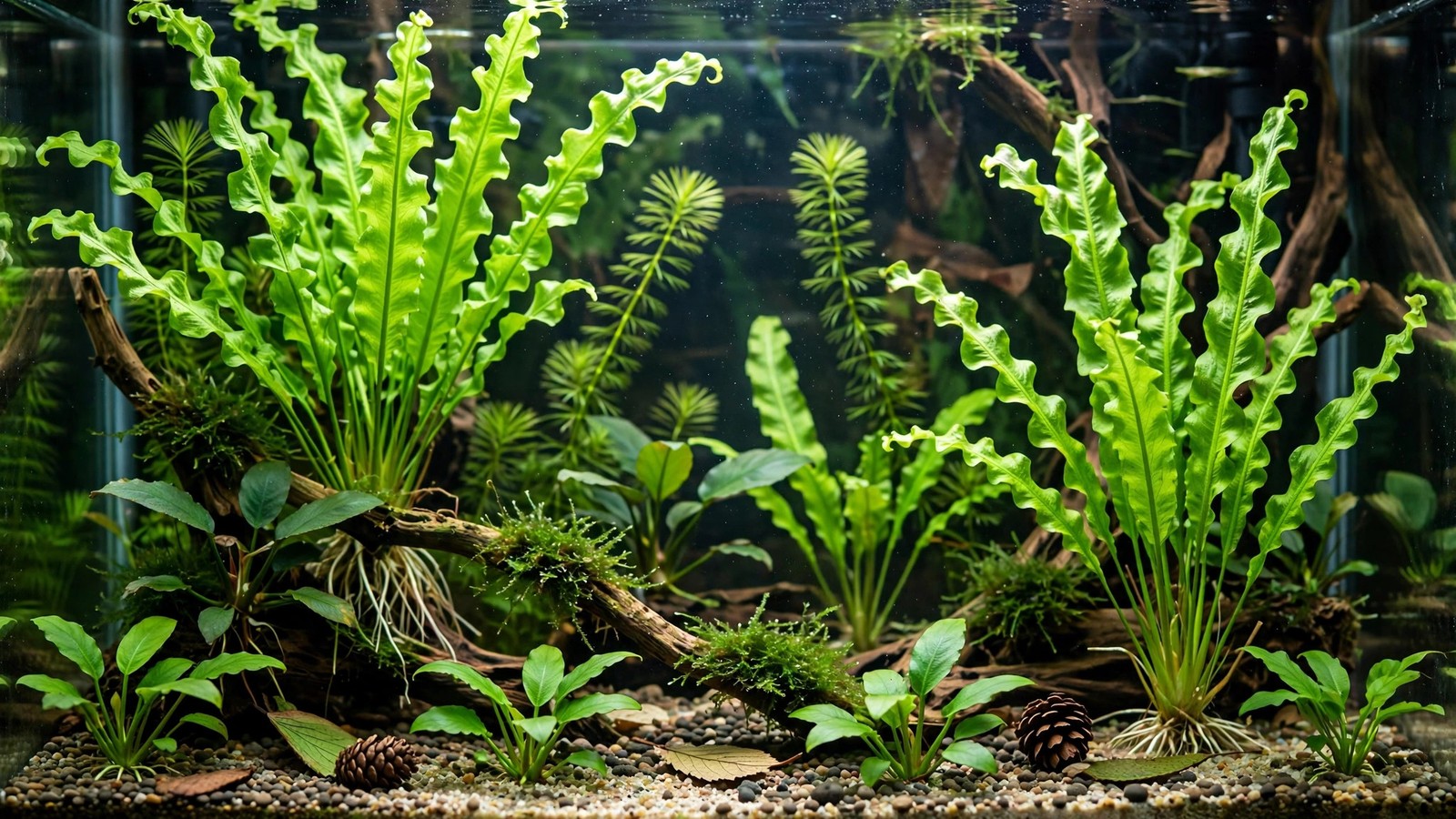 Aponogeton crispus with long wavy translucent leaves in a planted aquarium background