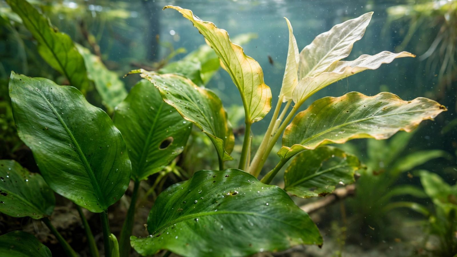 Aquarium plant leaves with yellowing edges and pale new growth showing nutrient deficiency symptoms