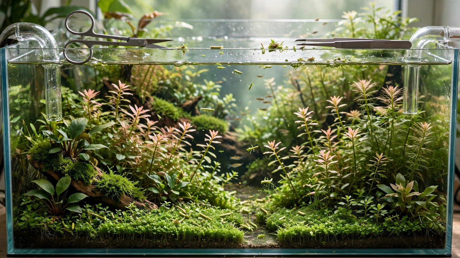 Aquascaper trimming stem plants with curved scissors during routine aquascape maintenance