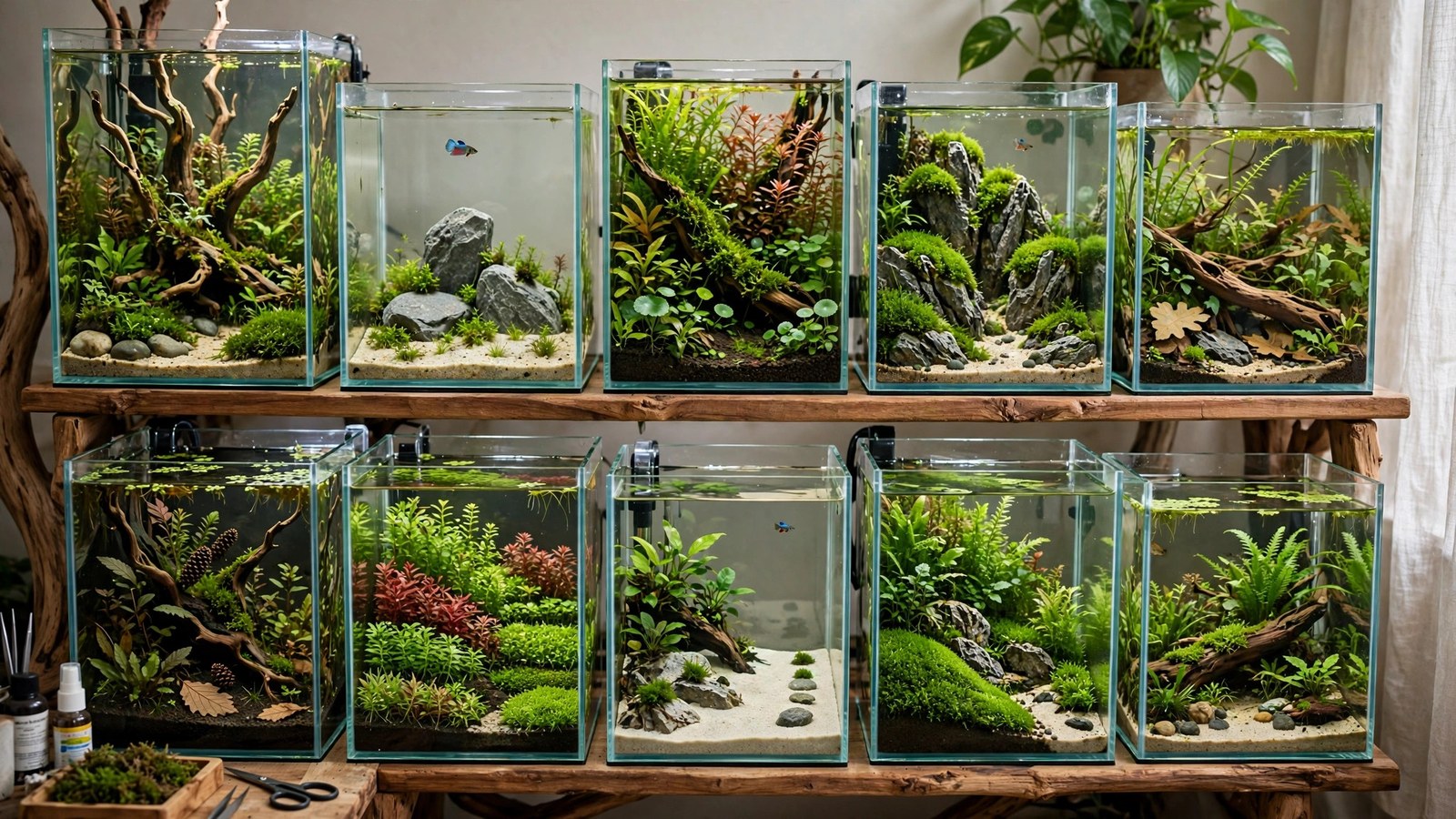 Planted betta tank with driftwood arch, anubias, floating plants, and a red betta