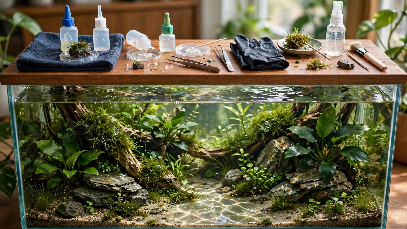 Aquascaper gluing moss to driftwood with cyanoacrylate gel during tank setup