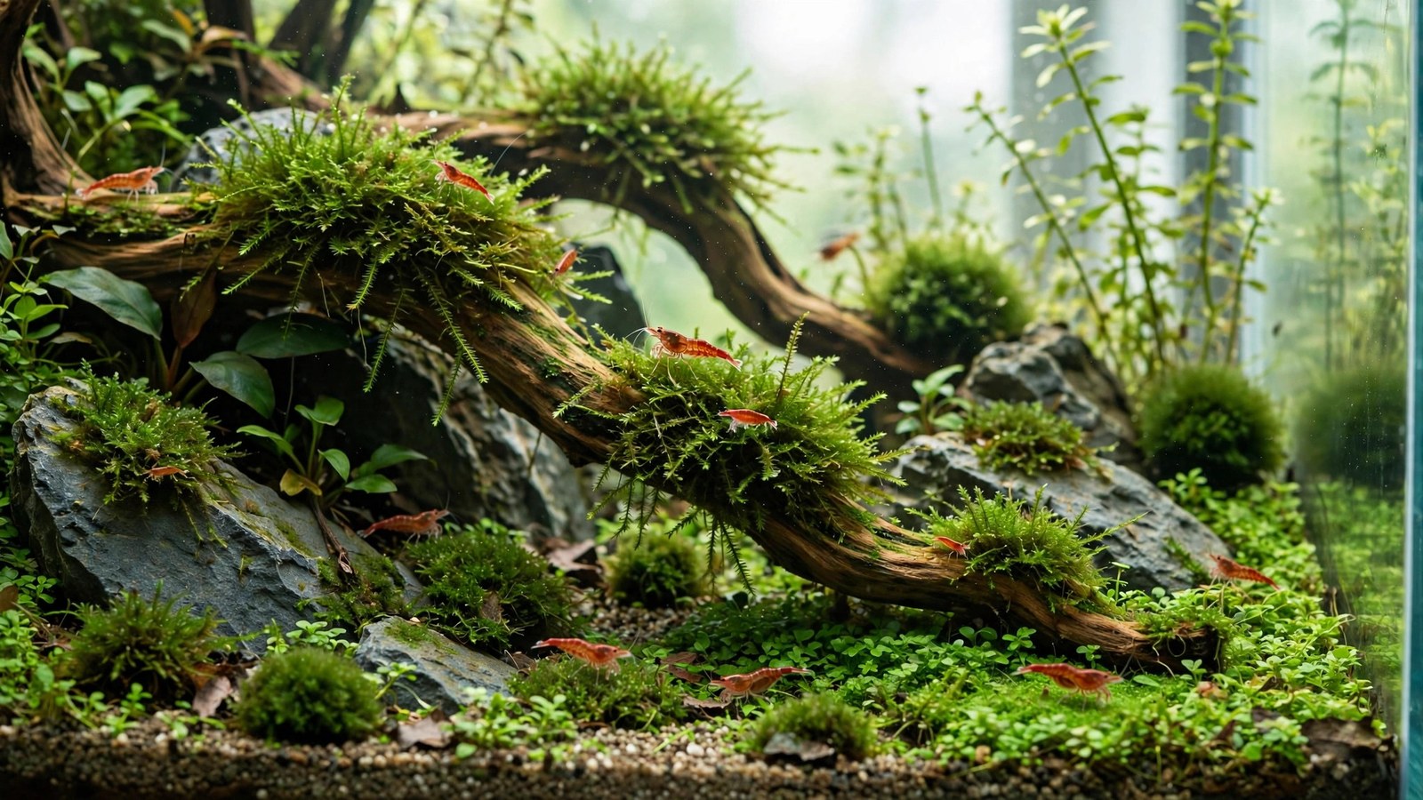 Shrimp tank with moss-covered dragon stone, cholla wood, and cherry shrimp grazing