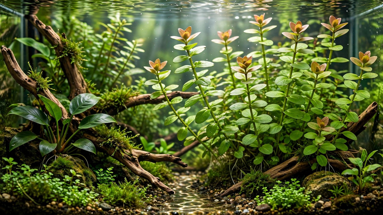 Bacopa caroliniana stems with thick round leaves and bronze tips in a planted tank