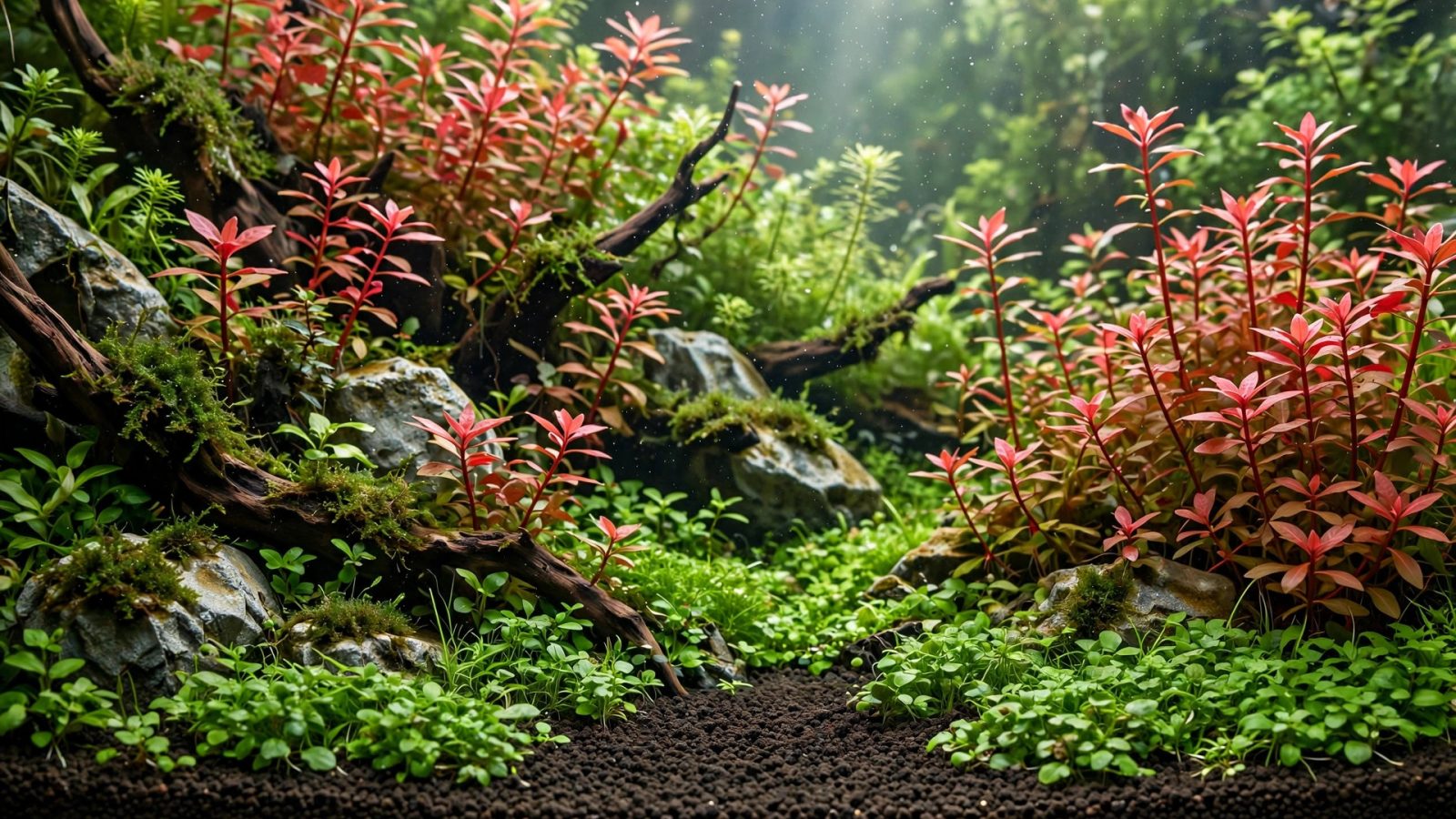 Dense aquascape with dark aquasoil, green carpet plants and red stem plants