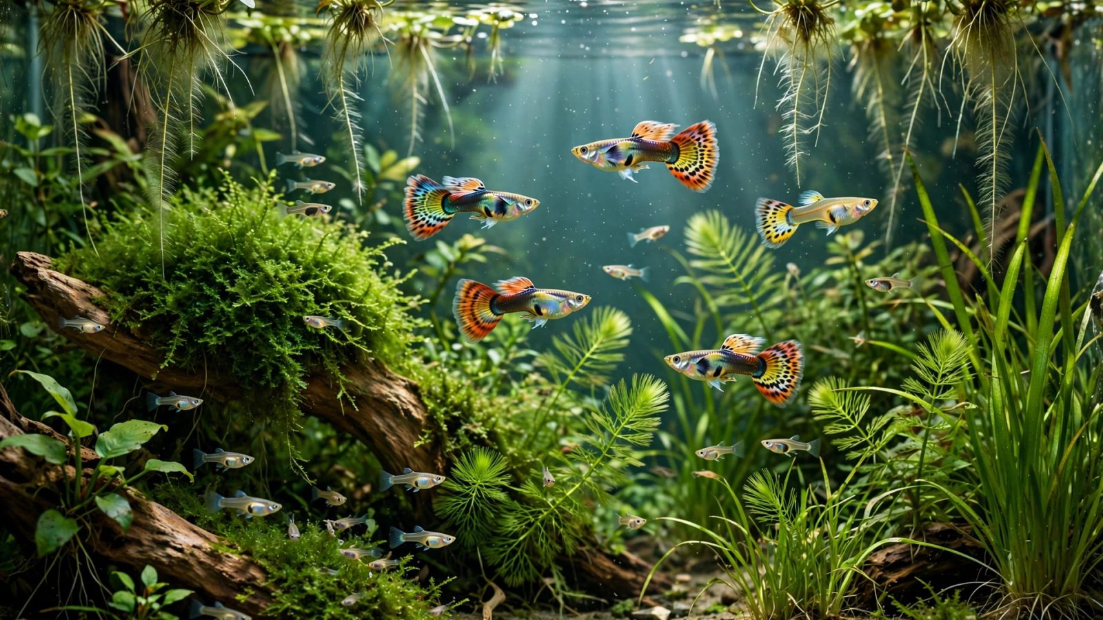 Aquarium with colorful guppies swimming among dense plants and floaters