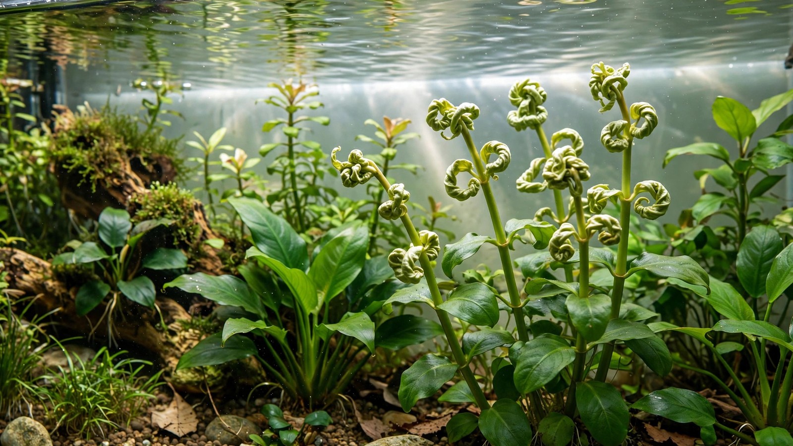 Twisted deformed new leaves on aquarium plant from calcium deficiency