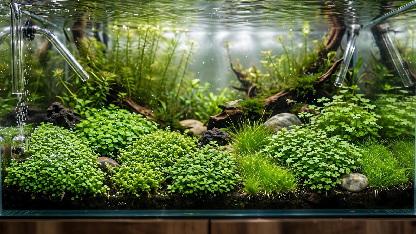Dense green Monte Carlo carpet covering the foreground of a high-tech aquascape