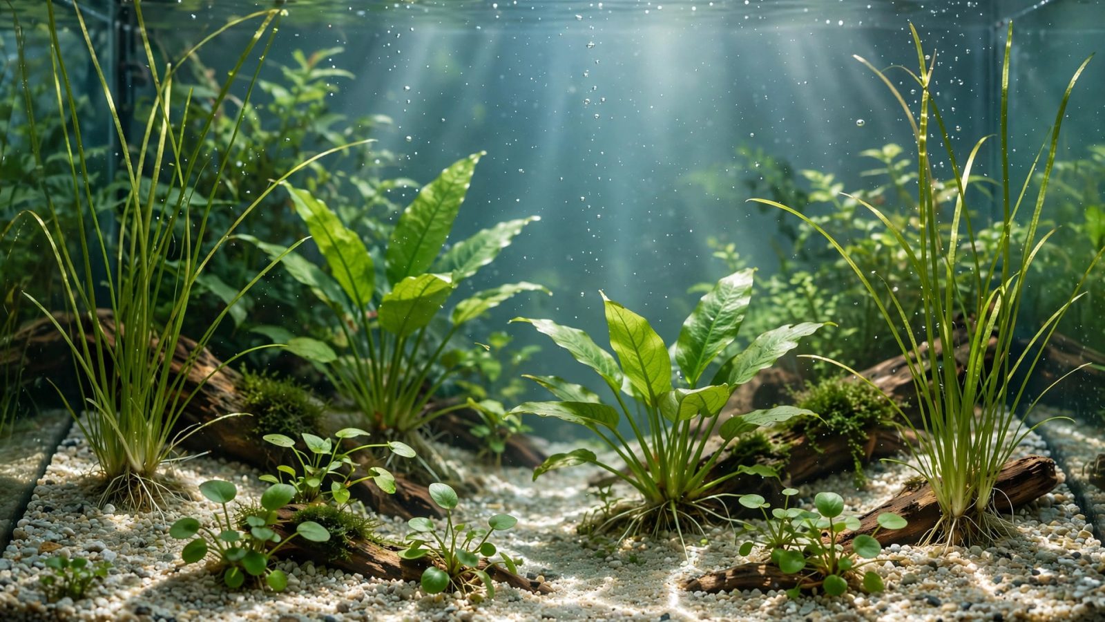 Planted aquarium with clean gravel around healthy rooted green plants