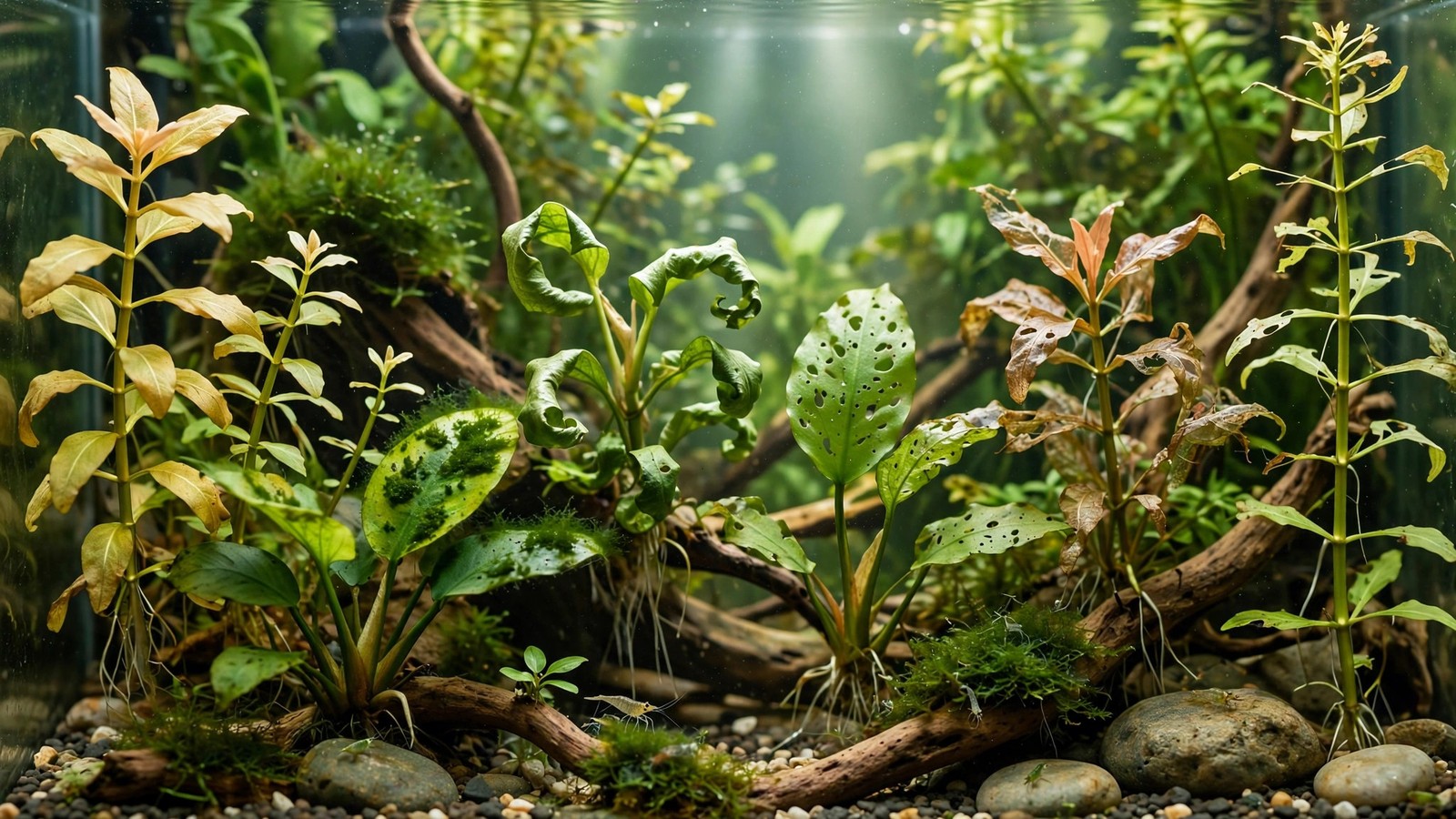 Planted aquarium with drop checker showing CO2 deficiency signs