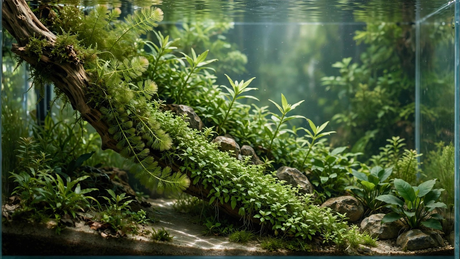 Aquascape with driftwood running diagonally from foreground to background guiding the eye
