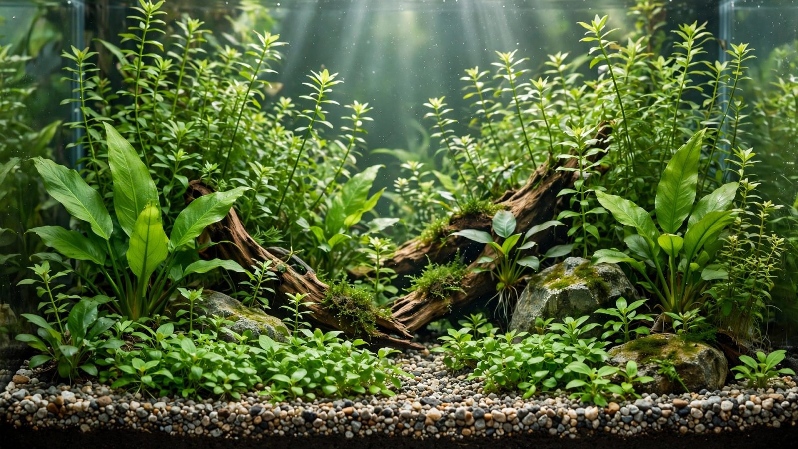 Dirted aquarium with dark soil capped in gravel and vigorous plant growth