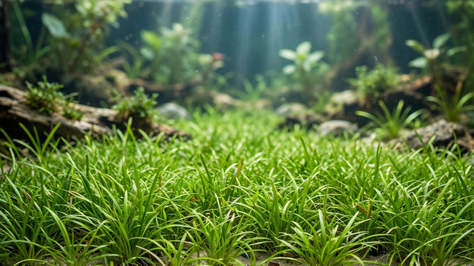 Bright green dwarf sagittaria blades spreading as a foreground carpet