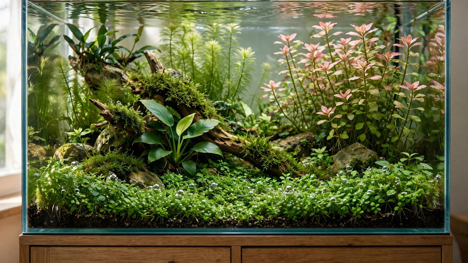 Newly planted aquarium at two weeks old showing early growth