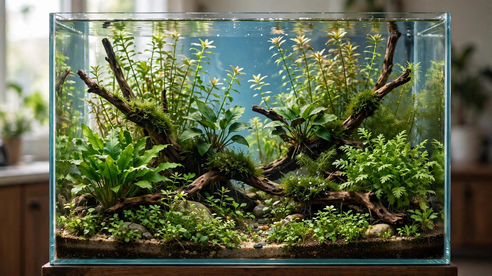 Lush fishless planted aquascape with dense stem plants and carpet, no fish