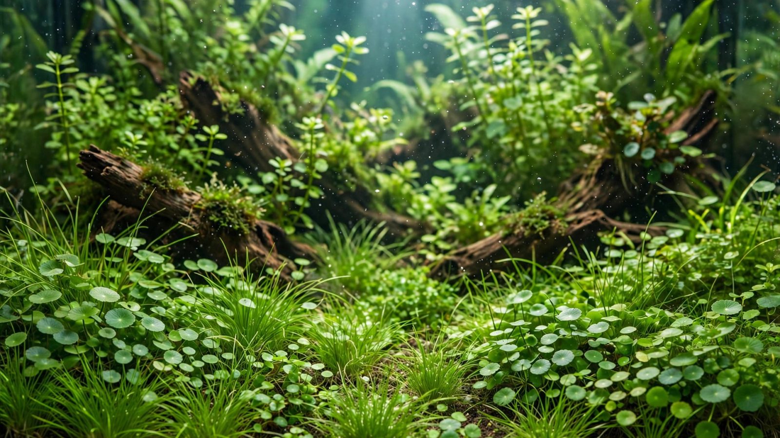 Dense dwarf hairgrass and monte carlo carpet in the aquarium foreground