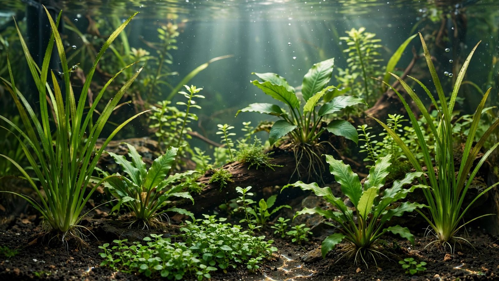 Aquarium plants with roots set into dark substrate in a planted tank