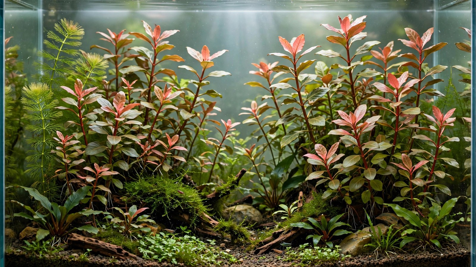 Ludwigia repens stems with green lower leaves and red-orange upper leaves in an aquarium