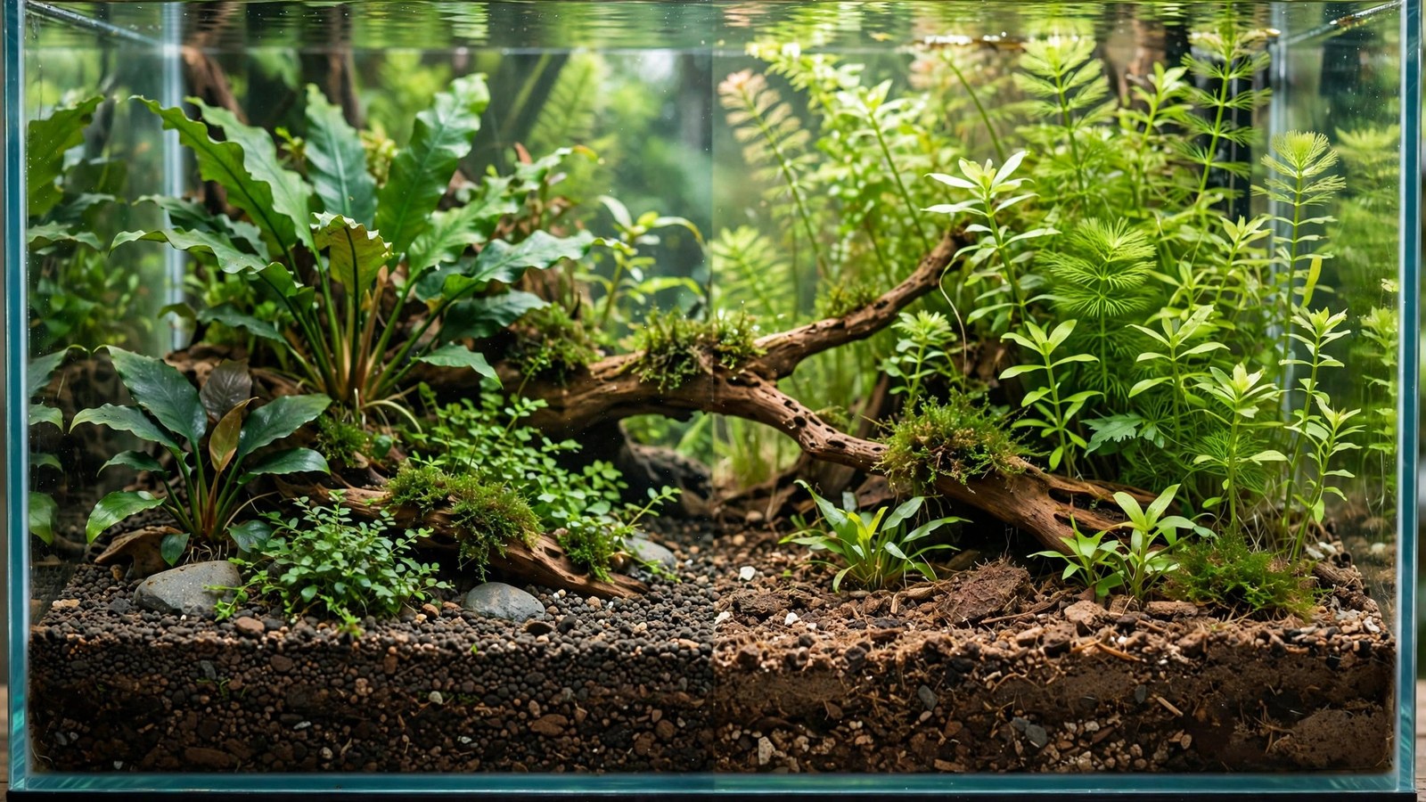 Two soil samples comparing mineralized topsoil and organic potting mix for aquariums