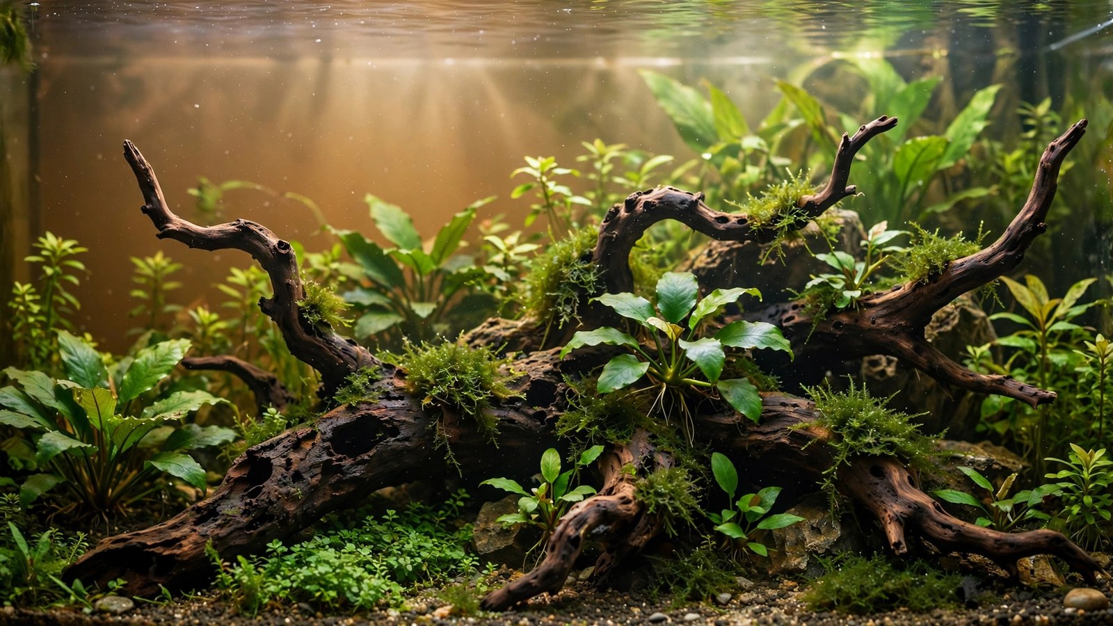 Mopani driftwood with two-tone marbled grain as centerpiece in a planted aquarium