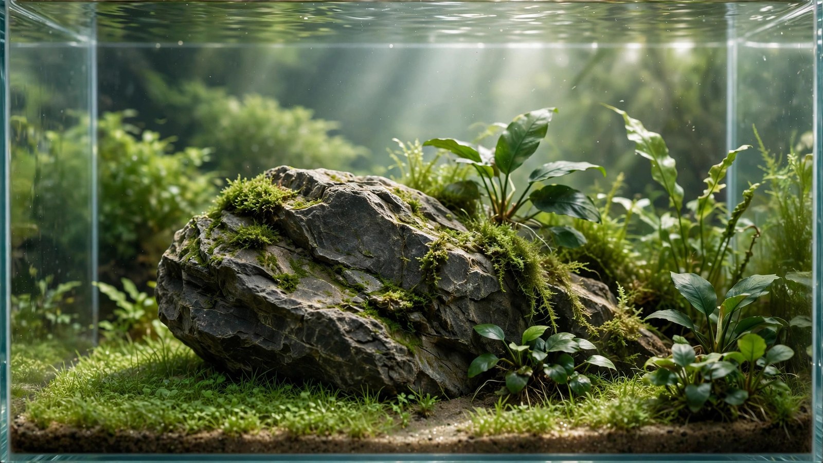 Minimalist one-rock aquascape with a single Seiryu stone rising from a manicured carpet