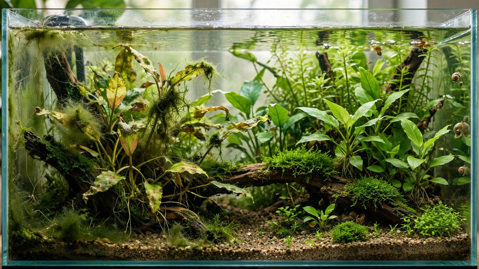 Aquarium plant with burnt brown leaf tips from over-fertilizing