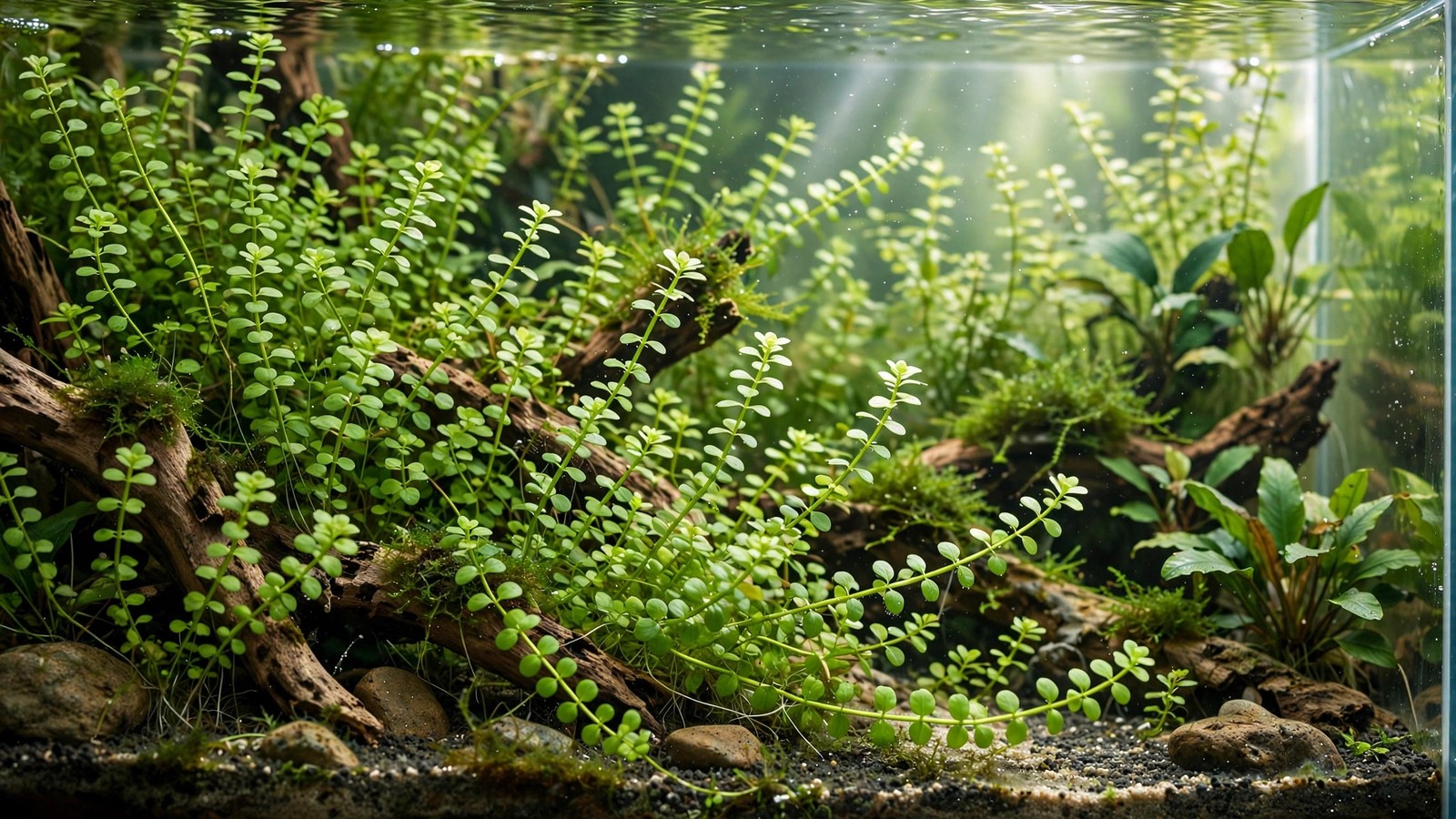 Pearl weed forming a bright green carpet in the foreground of a planted aquarium