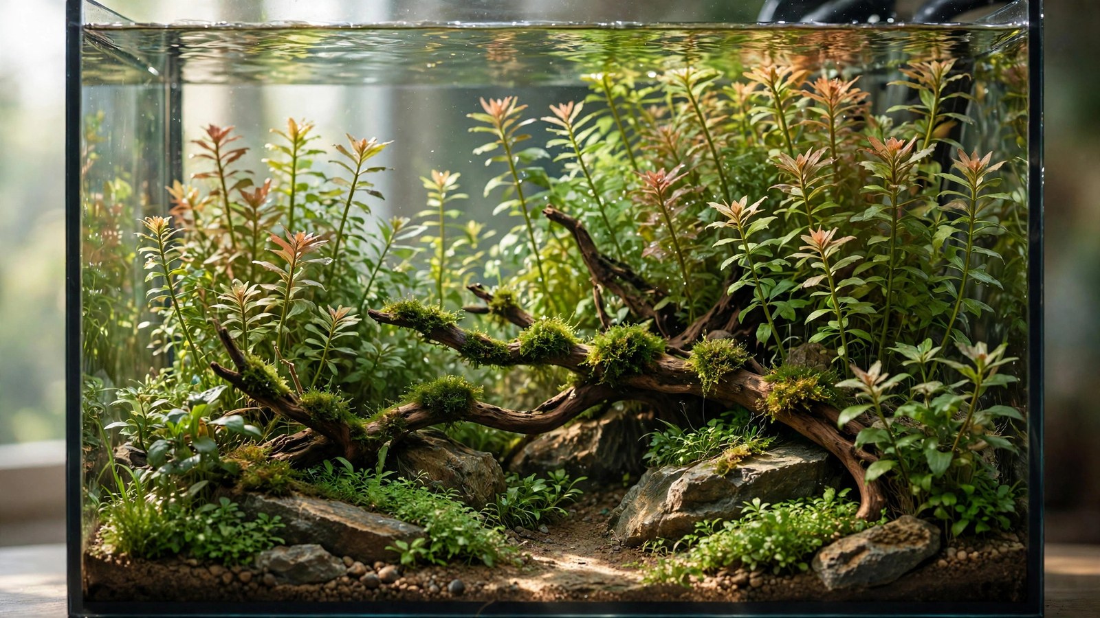 Photographer capturing a planted aquascape on tripod in a darkened room