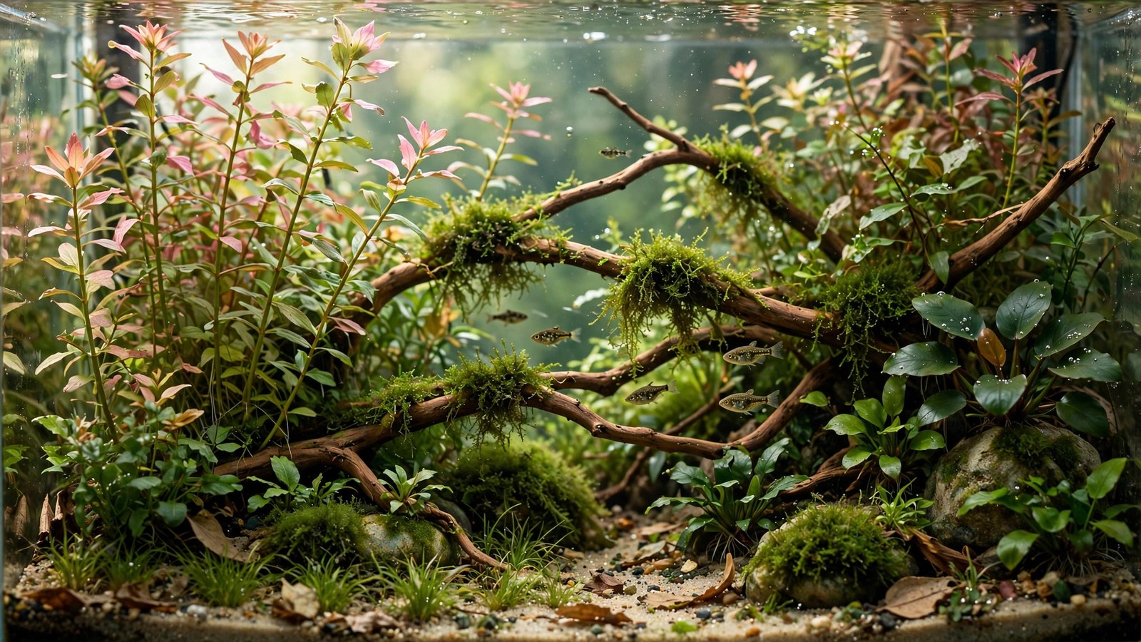 Pea puffer hunting among dense java moss and pearl weed in a planted nano tank