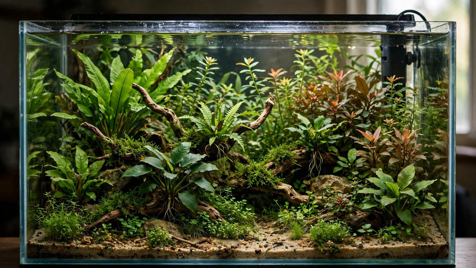 Planted 20-gallon long aquarium with schooling tetras, driftwood, and stem plant hedges