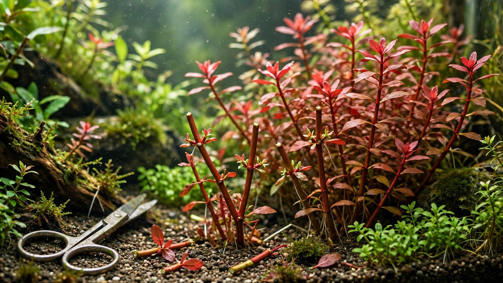Dense bushy red rotala stems after proper pruning in a planted aquarium