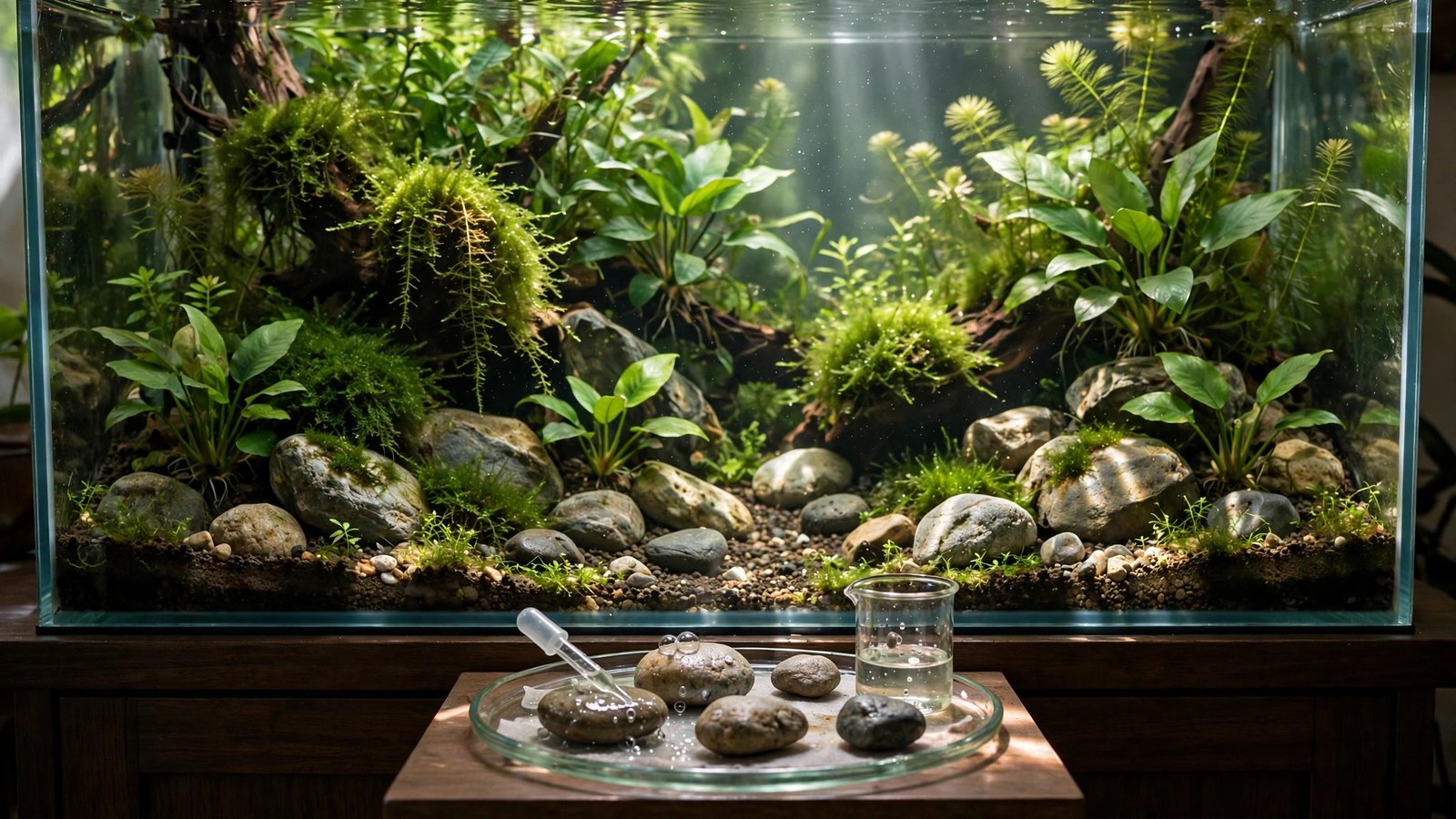 Smooth water-worn river rocks arranged in a natural planted aquarium scape