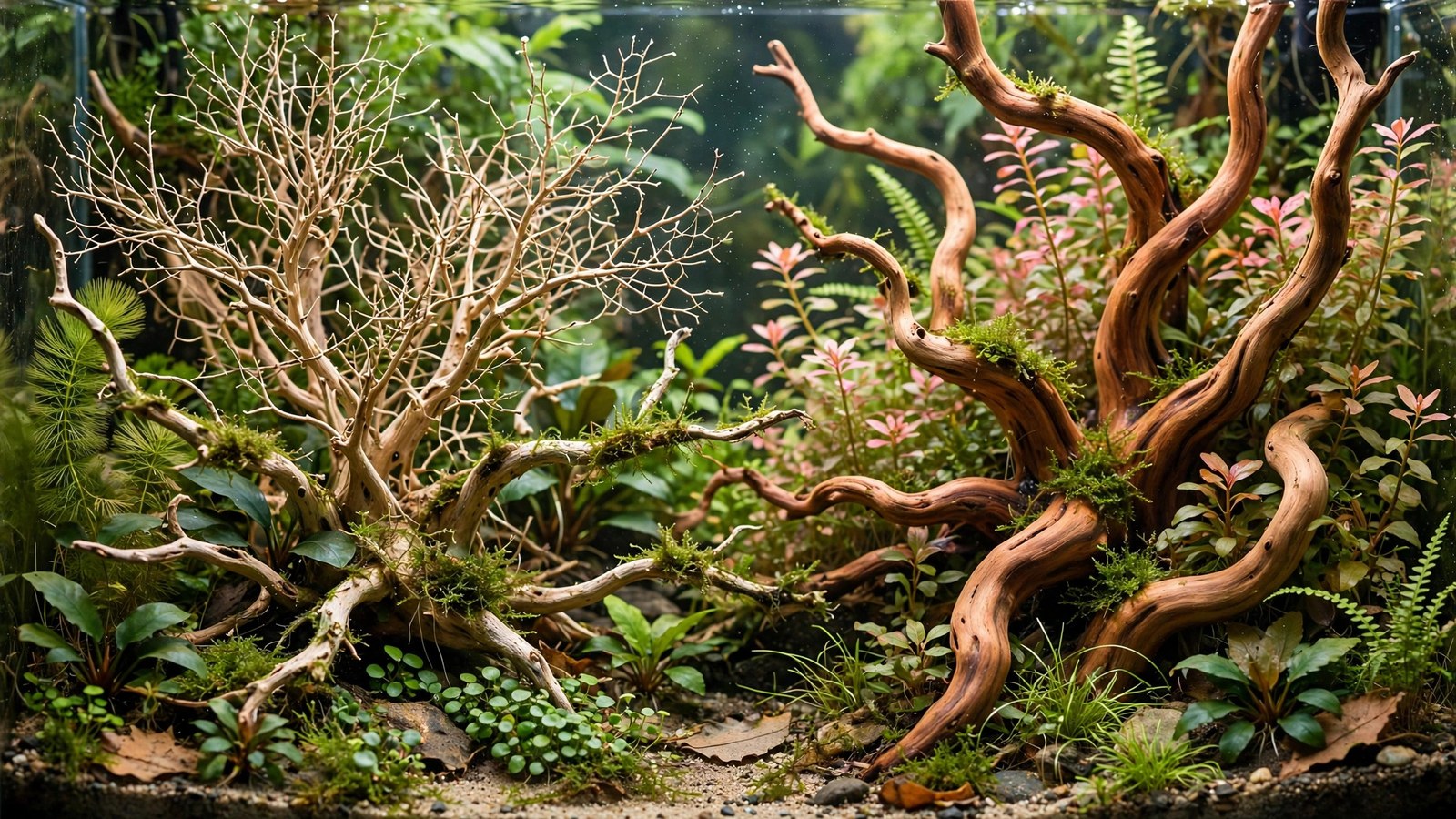 Spider wood and manzanita driftwood pieces side by side showing branching differences