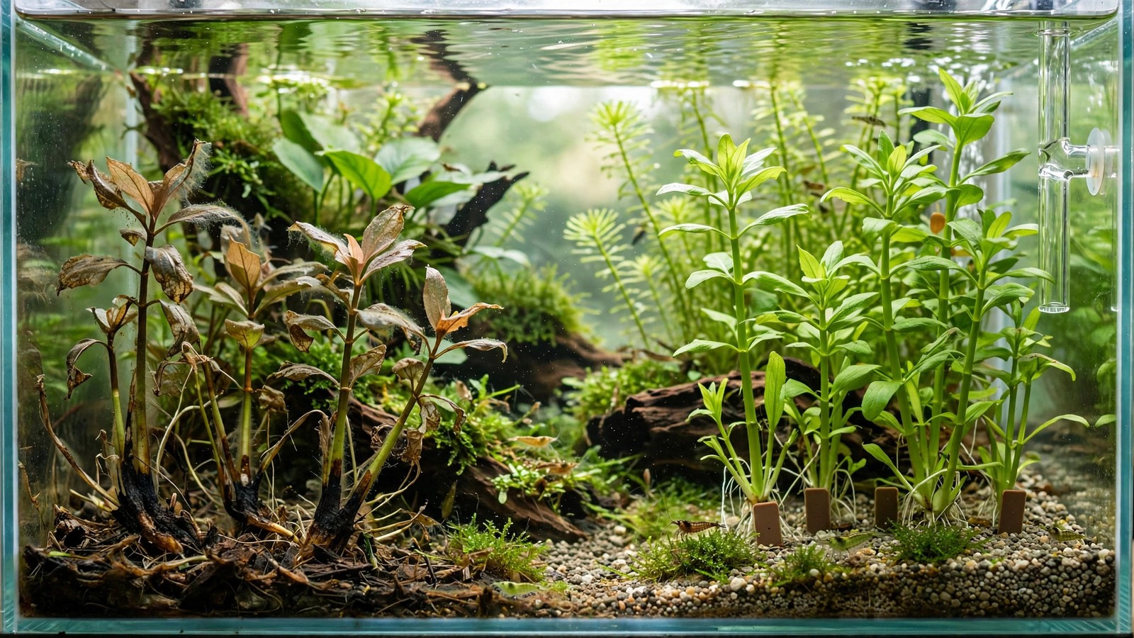 Aquarium stem plant with rotted brown base and healthy top