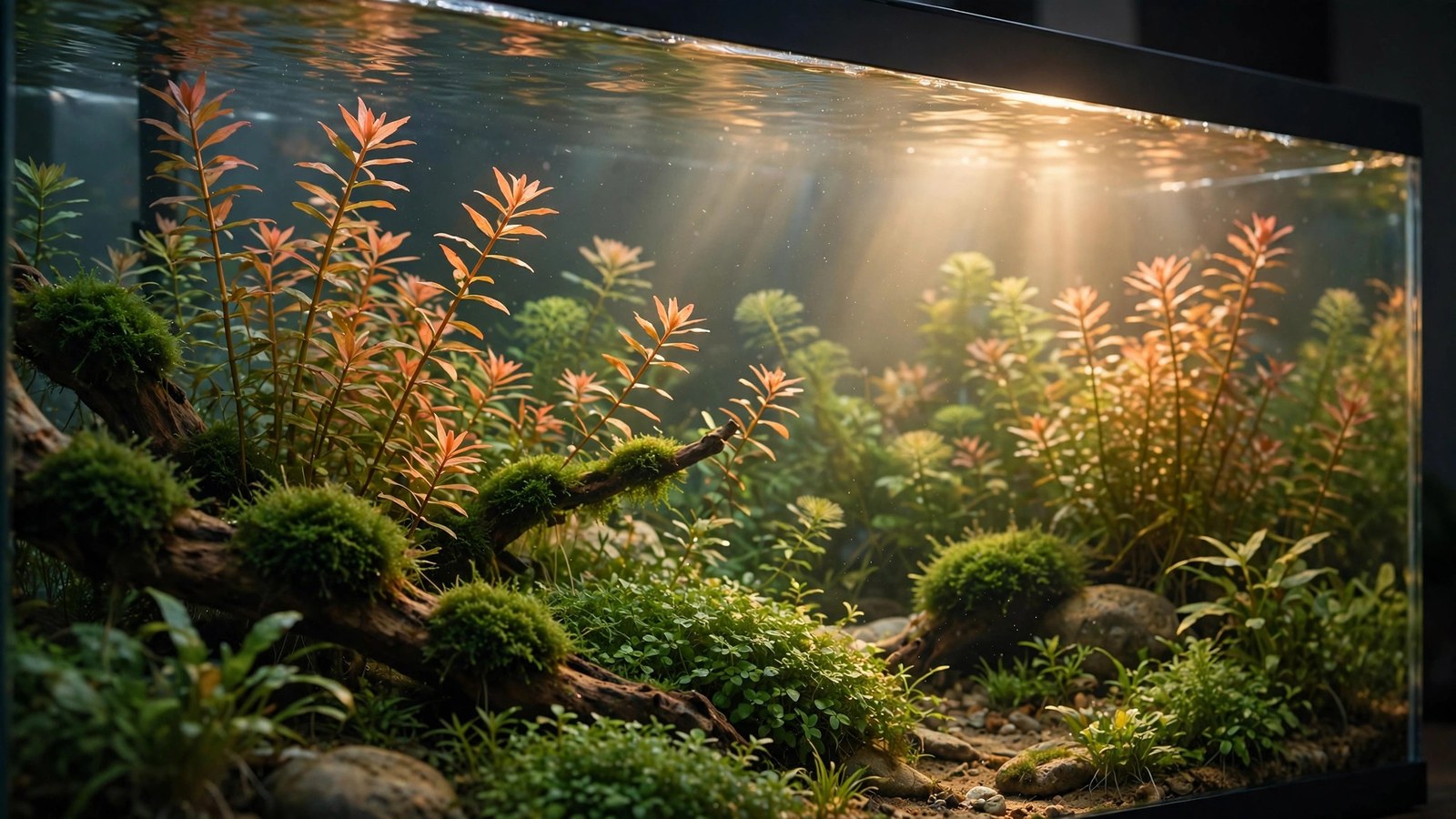 Aquarium LED fixture glowing warm at low sunrise ramp over plants