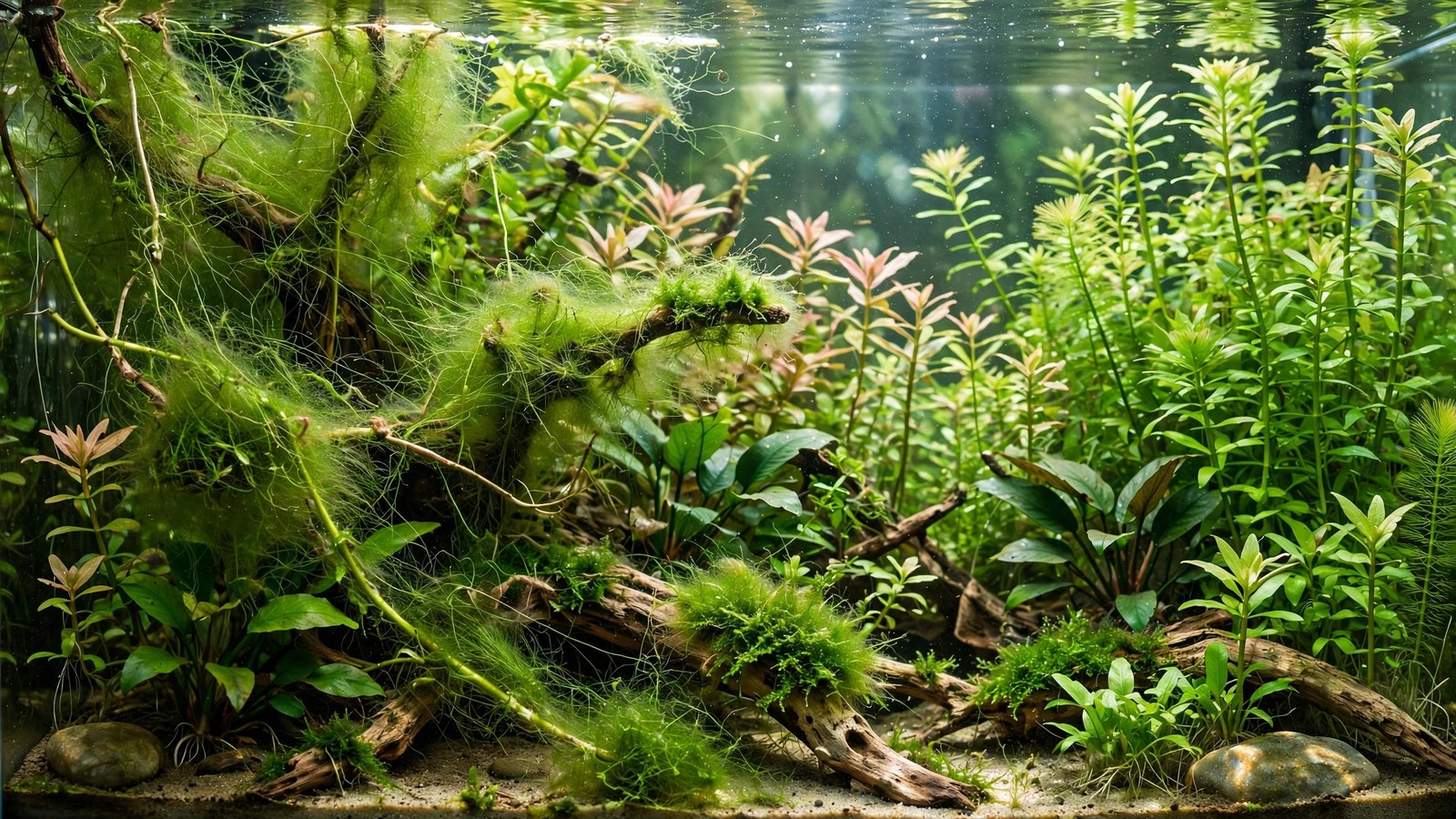 Long green thread algae strands drifting from aquarium filter outlet