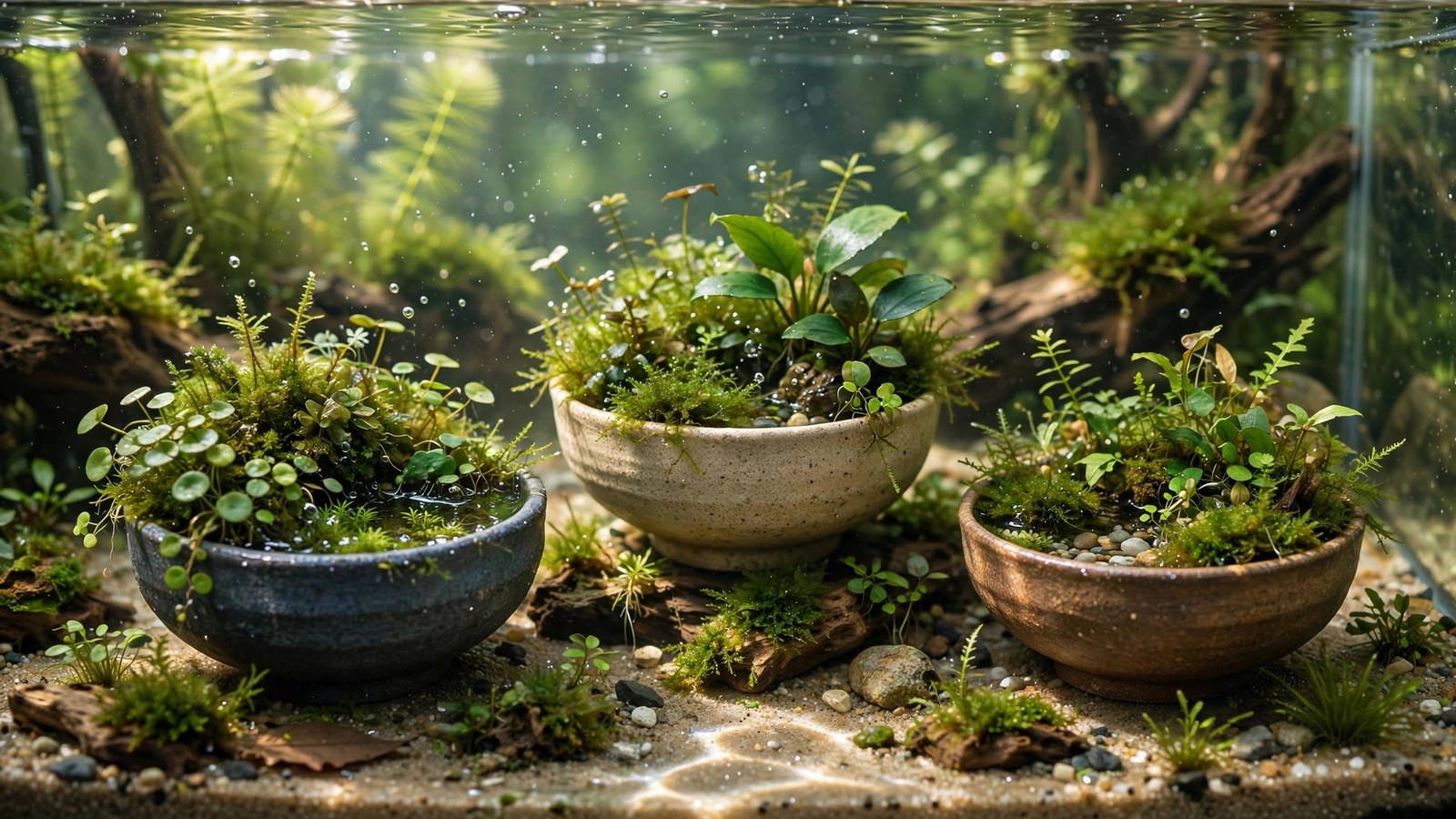 Wabi-kusa bowl with substrate ball planted in emersed hygrophila, crypts, and moss