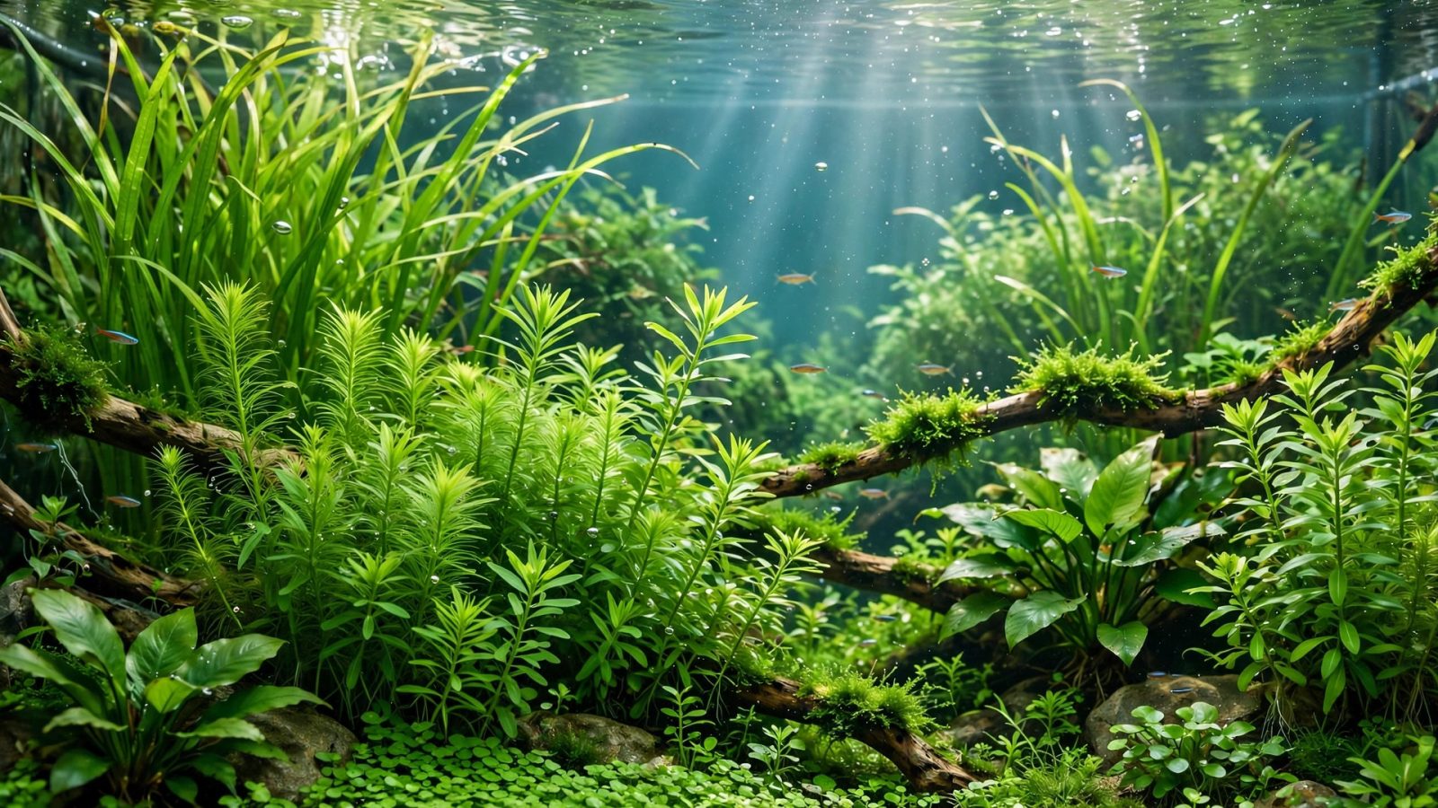 Newly set up aquarium with young plants and clear fresh water