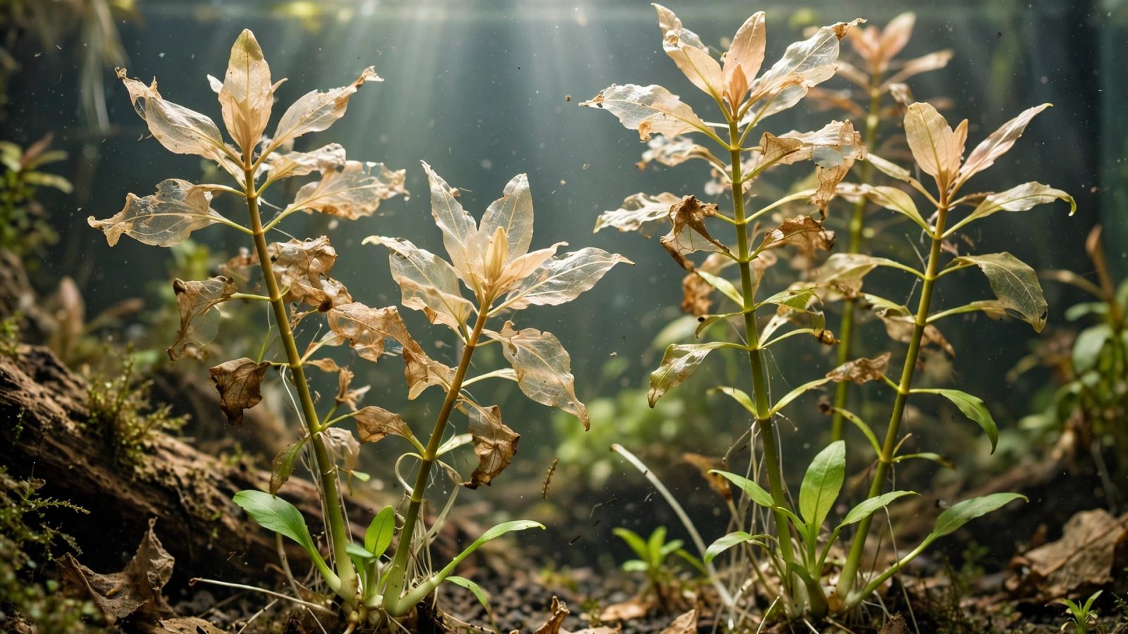 Aquarium stem plants with translucent melting leaves and fresh green recovery shoots at the base